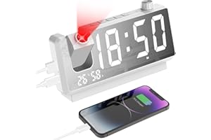 Cuteefun Reloj Proyector Techo, 7 Pulgadas Despertador Digital, Proyector de 180°, Puerto USB Doble, Temperatura y Humedad, Brillo de 3 Niveles, 12/24H, Doble Alarma, Snooze, Blanco