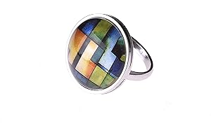Adi-Modeschmuck Verstellbarer Ring 'Sienna', attraktive farbige Ornamente unter einem 20mm Glas Cabochon, größenverstellbarer Ring aus Edelstahl, handgefertigt in Berlin