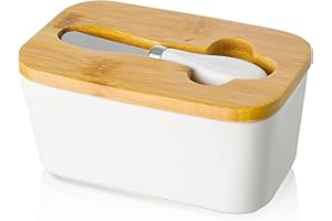 Candiicap Burriera in Porcellana con Coperchio in Legno e Coltello da Burro, Portaburro per Il Frigo, Contenitore per Tutti i Tipi di Burro (Bianco Opaco)