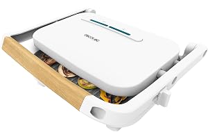 Cecotec Rock'Ngrill 1300 Wood W elektrisk grill. 1300 W effekt, vit design, Rockstone-beläggning, halkfri bas, flytande platt