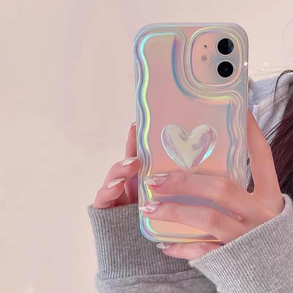 JiuWang Funda iPhone 12 Pro Rosa Iridescente, Corazón 3D & Borde Ondulado, Carcasa IMD PC AntiGolpes, Diseño Kawaii Cute para Mujer y Niña