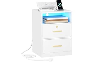 Hzuaneri Szafka nocna ze stacją ładującą, portami USB i typu C, stolik boczny z oświetleniem LED, 1 otwartą komorą i 2 szufladami, do sypialni, salonu (Biały, 1er Set)