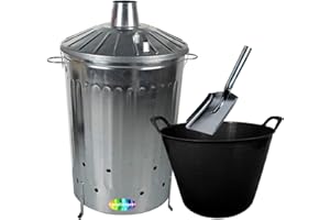 CRAZYYGADGET CrazyGadget® 125 Litre 125L Extra Large Galvanised Metal Incinerator Fire Burning Bin with Locking Lid, Ash Shovel & 42L Litre Plastic Flexi Tub (Black)