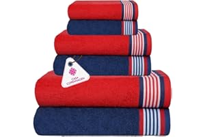 CASA COPENHAGEN 6-częściowy zestaw ręczników, Amerykański niebieski + amerykański czerwony, 550g/m², 2 kąpielowe, 2 rąk, 2 myjki z miękkiej egipskiej bawełny do łazienki, kuchni i pod prysznic