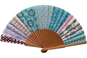 Tusitala Barcelona - Abanico Oriental - Abanico Español de Madera y Algodón - Complemento de moda hecho a mano - Funda de Yute Natural Incluida - Regalo Original - 23 cm.