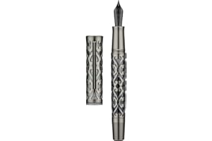 HONG DIAN Hongdian D1 - Penna stilografica a stantuffo, pennino fine e morbido, scheletro cavo nero corvino e penna in resina, set con custodia in metallo