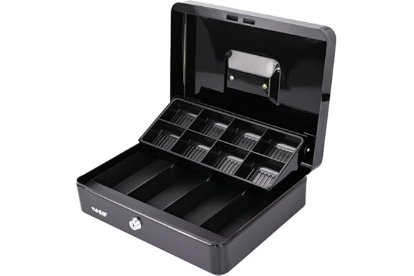 HMF Caisse à monnaie verrouillable, Boîte à argent avec 8 compartiments à pièces et 4 compartiments à billets, 30 x 24 x 9 cm | Noir