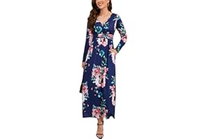 Xinlong Robe Longue Femme Imprimé Floral Boheme avec Poches Manches Longues Maxi Dress Adulte Taille Haute Robe Cocktail de Soiree Blanche Noire Grande Taille
