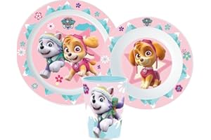 OM SUPPLIES Microwave Safe 3pcs Cartoon Character Dinner Tableware Set Plate, Bowl & Cup, BPA Free re-usable Plastic (Paw Patrol Girl)