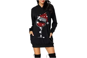 CALLMO Weihnachtskleid Damen Merry Christmas Hoodie Kleid Damen Weihnachtspullover Weihnachtskleider Hoodie Weihnachtspullover Rentier Print Kapuzenpullover Kleid Lang Weihnachts Pulli Weinachtspullie