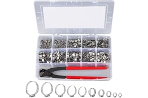 Outigu 150 abrazaderas de manguera de acero inoxidable 304 de 6 a 21 mm con pinza de abrazadera de oreja, kit surtido de abrazaderas Pex para tuberías de agua, fontanería, uso automotriz (150)