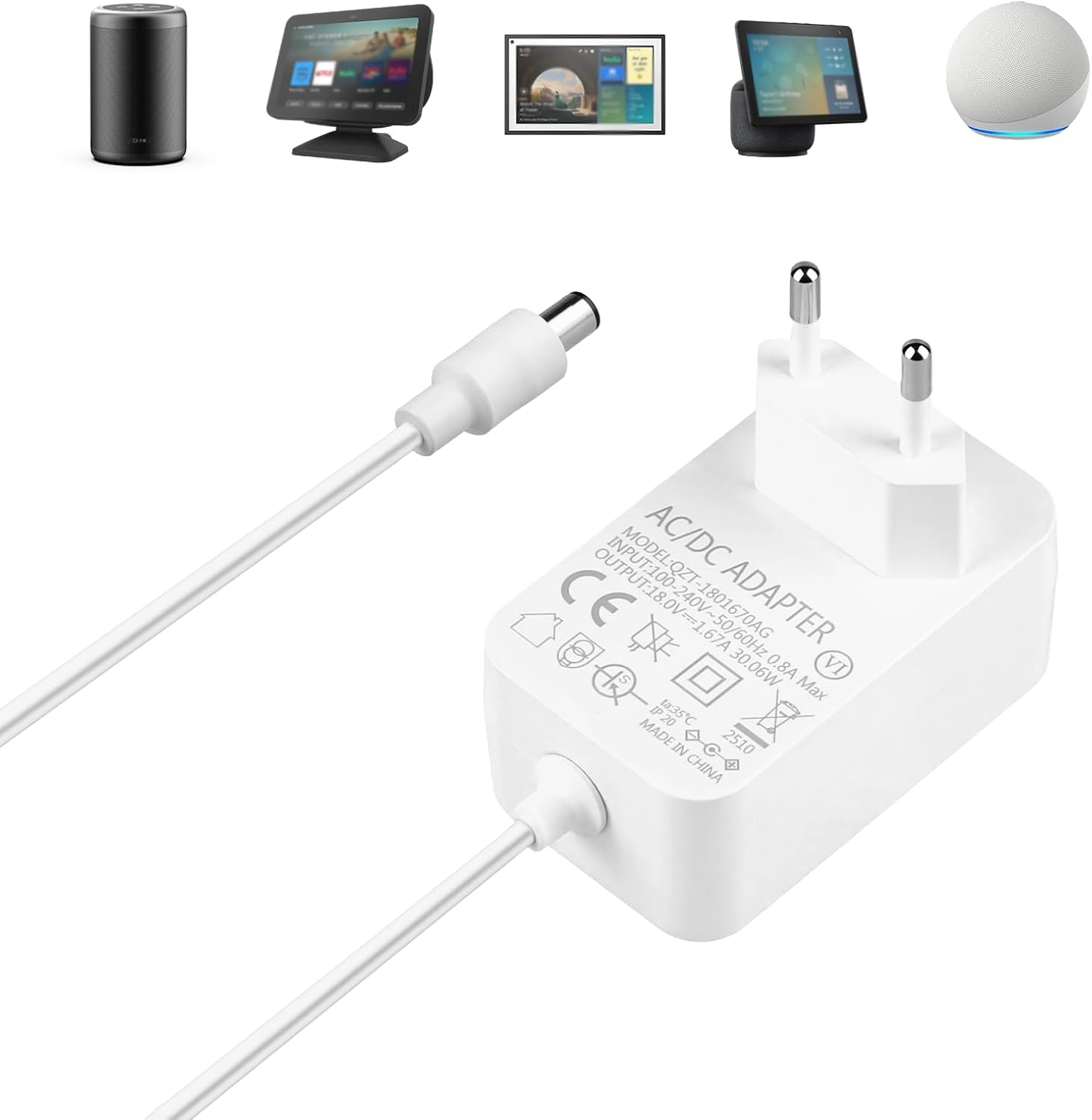 Adaptador de Corriente 30 W para Echo Cargador de Corriente Compatible con Echo Show 8 10 15 Echo 3e/4ª Generación Echo Plus 2ª Gén Alimentación 18 V 1,67 A Cable de 1,5 m