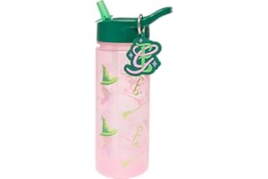 Wicked Movie 500ml Kids Water Bottle with Keyring Charm and Straw by Polar Gear | Wicked Gifts | Back to School Supplies, Pink & Green