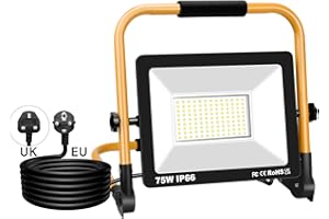 SKYWORLD Faretto LED da Cantiere 75W 7500LM, Super luminoso Faro LED Portatile, IP66 Impermeabile Lavoro da Campeggio Lamp con Staffa Pieghevole per Giardino Cantiere Lavori Esterno, Interno