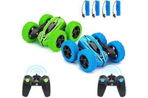 FunsLane 2Pack RC Stunt Car with Remote Control, 2.4 GHz RC Racing Trucks Off Road, 4WD Double Sided 360¡ã Spins & Flips RC Crawler Outdoor Toys for Kids, Blue + Green