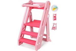 Onasti Toddler Learning Tower, Folding toddler kitchen step stool, standing tower for kitchen counter bathroom, Adjustable Height, Safety bar (Pink)