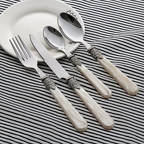 White Dinnerware Sets Cutlery Flatware - LANPA LPCJ002-6 (2018 New Design) 18/10 Stainless Steel Royal Pearl Handle Flatware Set For 24 Pieces, 6*Knives, 6*Forks, 6*Tablespoons, 6*Teaspoons,Set For 6