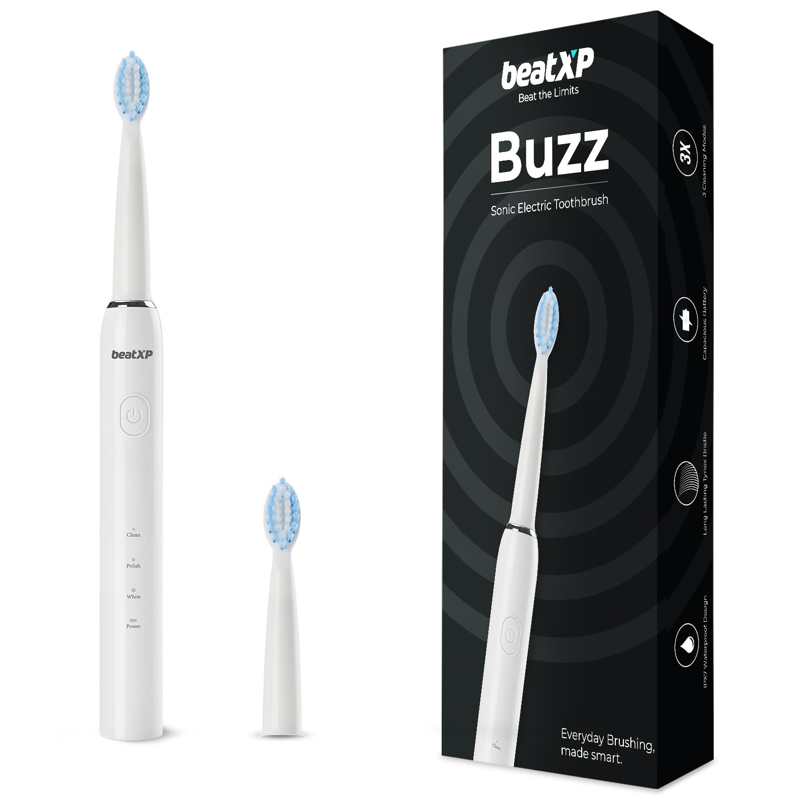beatXP Buzz Electric Toothbrush for Adults with 2 Brush Heads & 3 Cleaning Modes|Rechargeable Electric Toothbrush with 2 Minu