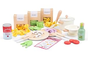 Woet Pastaset i trä med matleksaker i filt | Matleksaker för rollek, 3 sorters pasta i filt, Kastrull och durkslag, Tallrikar, Bestick, Menykort, Från 3 år