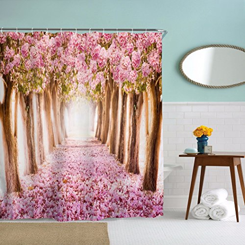 A.Monamour Frühling Saison Rosa Kirschblüten Bäume Gefallen Blumen Tief Lange Weg Straße Bild Drucken Badezimmer Dekor Stoff Polyester Wasserdichte Duschvorhang 180X180 Cm / 72X72 Zoll
