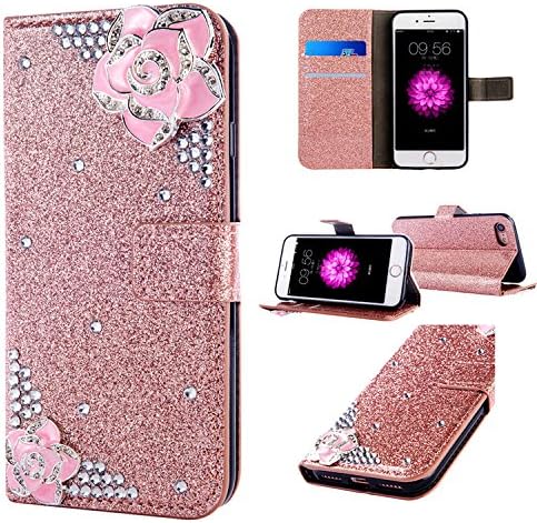 iPhone 7 Plus Leather Case,iPhone 7 Plus Flip Wallet Case,iPhone 7 Plus Cover with 5.5 inch,Cool 3D Rose Bling Glitter Diamond Pattern Leather Stand Function Flip Kickstand Magnetic Book Wallet with Card Slot Holder Protective Cover Case for Apple iPhone 7 Plus