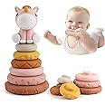 Edulike 7 Pcs Stacking & Nesting Baby Toys, Squeeze Teething Baby Toys and Building Circle with Horse Figure, Early Educational Christmas Toy Gifts for 6 Months Baby Toddler Girls (Classic Edition)