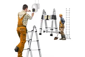 LUCN Leichte Teleskopleiter, 3,8 m, Doppelzweck, Metall-Teleskopleiter mit Stabilisatorstange und rutschfesten Füßen, 150 kg Tragkraft (1,9 m + 1,9 m)