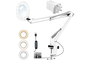 Topsky LED Magnifying Desk Lamp, 5X Magnifier 10 Brightness Levels Dimmable 3-Colour Modes with Adjustable Extended Metal Arm for Reading/Needlework/Crafts (White)