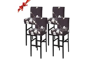 Jaotto Coprisgabelli Cucina con Schienale 4 Pezzi,Fodere Coprisedia Elasticizzati con Schienale Basso Universale,Copertura per Sgabello Alto Quadrato per Bar Caffettiere Bancone(Fiore,4 Pezzi)