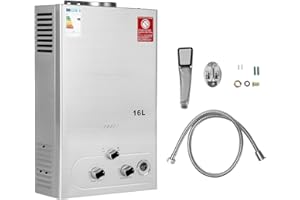 Ozonlife 16LPM Chauffe-Eau à Gaz, 32KW Chauffe-eau Instantané GPL（Butane et Propane）avec Pommeau de Douche/Ecran LED et Pommeau Réglable,Démarrage à Très Basse Pression d'Eau.