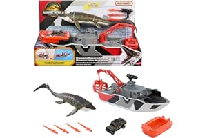 Mattel Jurassic World: Rebirth ​Matchbox Toy Car Playset, Jurassic World 12.5” Dino Boat with 13” Mosasaurus Dinosaur, 1:64 Die-Cast Jeep, Harpoon Missiles & Detachable Rescue Boat, JGG61