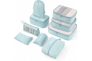 Meowoo 9 szt Organizer do Bagażu, kostki do pakowania do walizek, wodoodporny organizer na bagaż podróżny, torby do przechowywania, torba na niezbędne rzeczy podróżne, z kosmetyczką, jasnoniebieskie