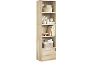 eSituro Libreria Verticale con 4 Scomparti Aperti e 1 Armadietto Scaffale Libreria in Legno Portalibri da Terra Moderno per Ufficio Soggiorno Studio Rovere Chiaro 34x24x132cm