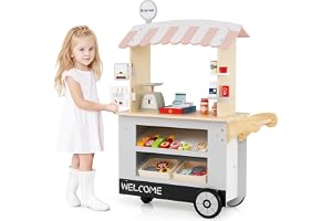 COSTWAY Livsmedelsvagn för Barn, Trä Lekbutik med 2 Hyllor, Skjuthandtag, 3 Hjulsystem och 30 Tillbehör – POS-maskin, Våg & D