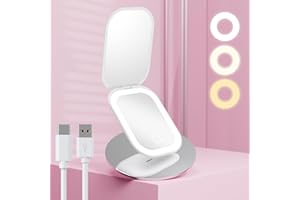Benbilry Lighted Compact Travel Mirror with 3 Color Lights and Magnification 1X/3X, Ultra Slim Rechargeable Pocket Mirror for Purse, 2-Sided, Handheld, Folding, Portable, White