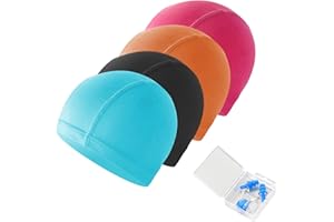 TSHAOUN 44Pcs gorro piscina,Unisex Gorro de Natación Gorro Piscina Mujer y Hombre Gorro de Baño para Pelo Largo,Con tapones para los oídos y pinzas nasales,Gorros de natación elásticos (4Pcs)