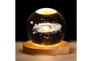DRYFAL, Sfera di cristallo 3D con motivo galassia, luce notturna per bambini a forma di sfera in vetro, lampada da notte con base in legno, tema fantasy con alce, decorazione in cristallo, con LED