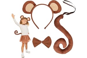 EUPSIIU 3 Pezzi Costumi da Scimmia, Carino Costume Animale Orecchie di Scimmia Fascia Coda Lunga Scimmia Papillon, Scimmia Cosplay per Bambino Fancy Dress Halloween Carnevale Festa Costume