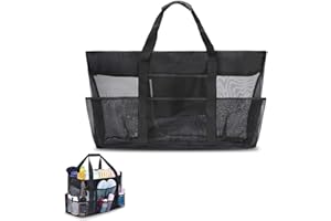 LEISMY Grande borsa da spiaggia nera in rete, 70 x 18 x 37 cm, borsa a tracolla pieghevole da donna, per vacanze in famiglia, picnic, piscina, bambini, sabbia, giocattoli, alimentari