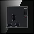 MEI JIA Borliya Tempered Black Glass Panel and push button Light Switches with LED Indicator,UK Standard Wall Power Socket, Artistic Modern Swich soket (E1- Universal 13A)