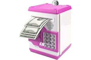 Vommery Electronic Money Box with Password Protection, Mini ATM Safe Coin Banks Toy, Auto Paper Money Scroll Saving, for Children and Teens to Encourage Saving Habits (Pink)