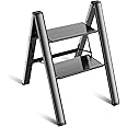 2 Step Ladder Folding Ladder Stool Portable Storage Rack Lightweight Aluminum Wide Anti Slip Pedal Multifunctional Household Adults Stepladder Black 330lb