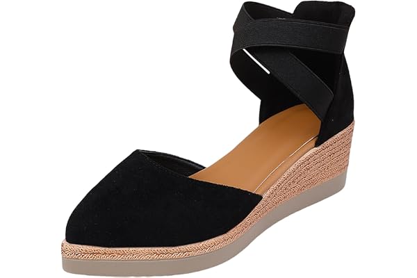 Dam stängd spetsig tå Espadrille kil sandaler, elastisk ankelrem slip-on plattformsskor, fuskmocka komfort mellanklack kilar