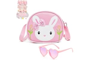 CARREUTY 10 Pcs Little Girls Handbag Set, Cute Rabbit Crossbody Bag with Cartoon Heart Shaped Sunglasses and 8 Pcs Bow Hair Clips, Kids Shoulder Bag for Kids Birthday Gifts Toys