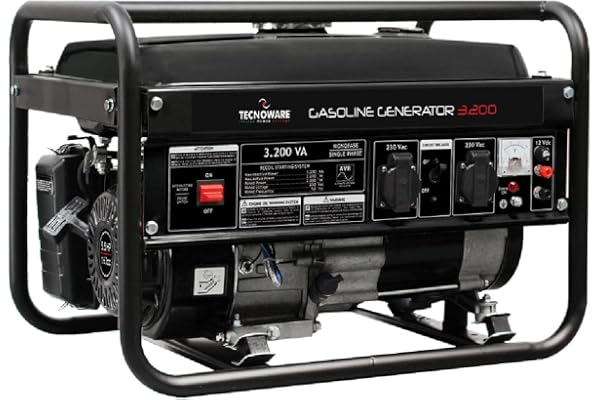 Tecnoware Power Systems - Générateur électrique portable 3200 VA, Monophasé 230 Vac 50 Hz, Démarrage électrique/manuel, Faible bruit, Réservoir 15L, AVR, 2 Prises SCHUKO, Noir, 3200 VA
