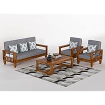 Tiber Furniture Solid Sheesham Wooden 5 Seater Sofa Set Modern Modal 3+1+1 Five Seat With Side Storage Magzine Newspaper Holder for Living Room | Termite Free | Color Natural Finish With Gray