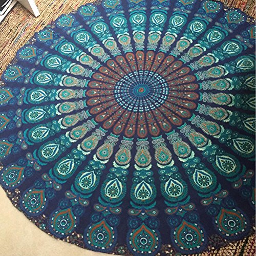 Yiuswoy Boho Strand Decke,Rund Mandala Strandtuch,Gypsy Tischdecke,Gross Wandteppich Indisch,Wandteppich Yoga Matte,Hippie Picknickdecke Mit Die Pfauenfeder Muster – Blau - 4
