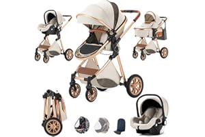 SHUKBETA Kinderwagen 3 in 1, Kombikinderwagen, für Neugeboren, tragbar, Reisebuggy 2 in 1, Kinderwagen, Baby-Buggy, faltbar, Luxus, Landschaft, (WEISSGOLD)