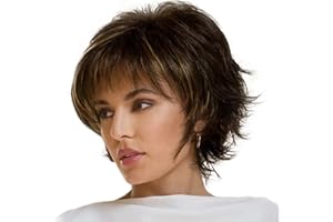 Lechnical Pelucas de pelo corto con flequillo Peluca de pelo ondulado en capas Resistente al calor Rubio sintético Mezclado Negro Marrón Color natural para mujeres Uso diario