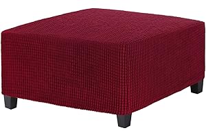 M METERXITY Stretch Square Ottoman Cover, 31 x 31 x 15 Inch Fabric Ottoman Slipcovers Footstool Protector with Elastic Bottom for Folding Storage Furniture/Living Room/Entrance Hall [Wine]